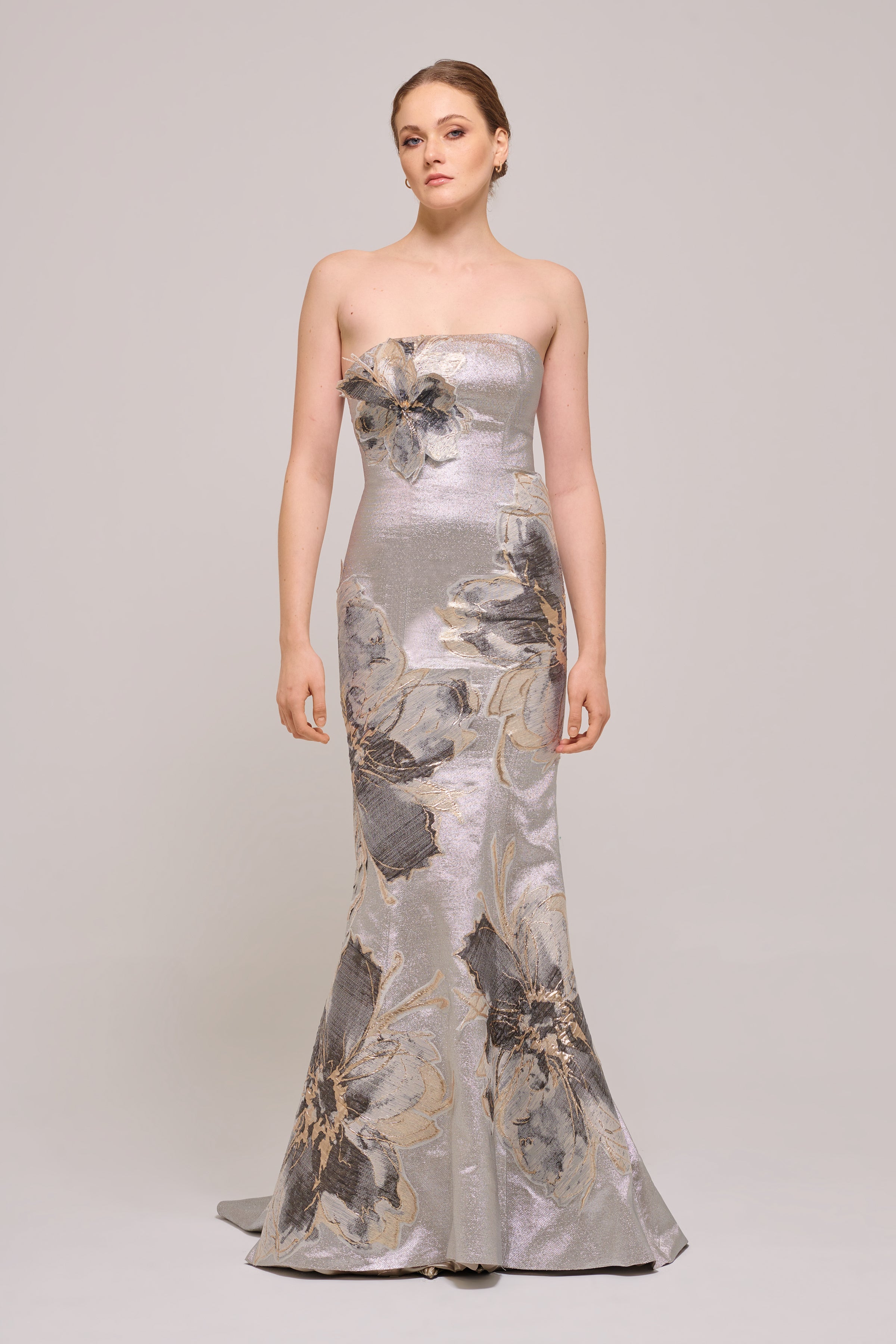 Strapless Floral Appliqus Long Gray Gown John Paul Ataker Strapless Floral Appliqus Long Gray Gown John Paul Ataker