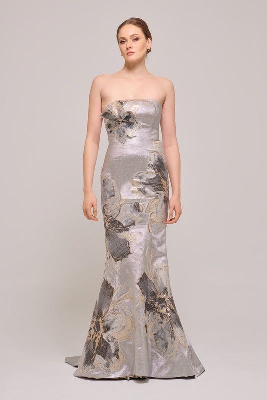 Strapless Floral Appliqués Long Gray Gown