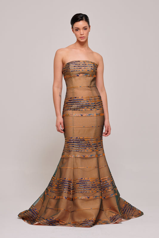 Strapless Striped Detail Orange Mermaid Gown