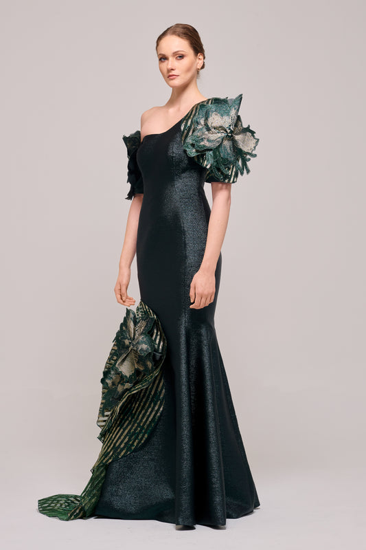 Three Dimensional Floral Appliqués Detail Hunter Green Mermaid Dress