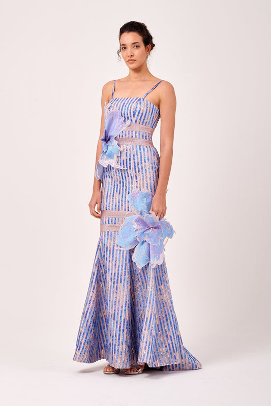 Square Neckline 3D Floral Appliqués Long Dress