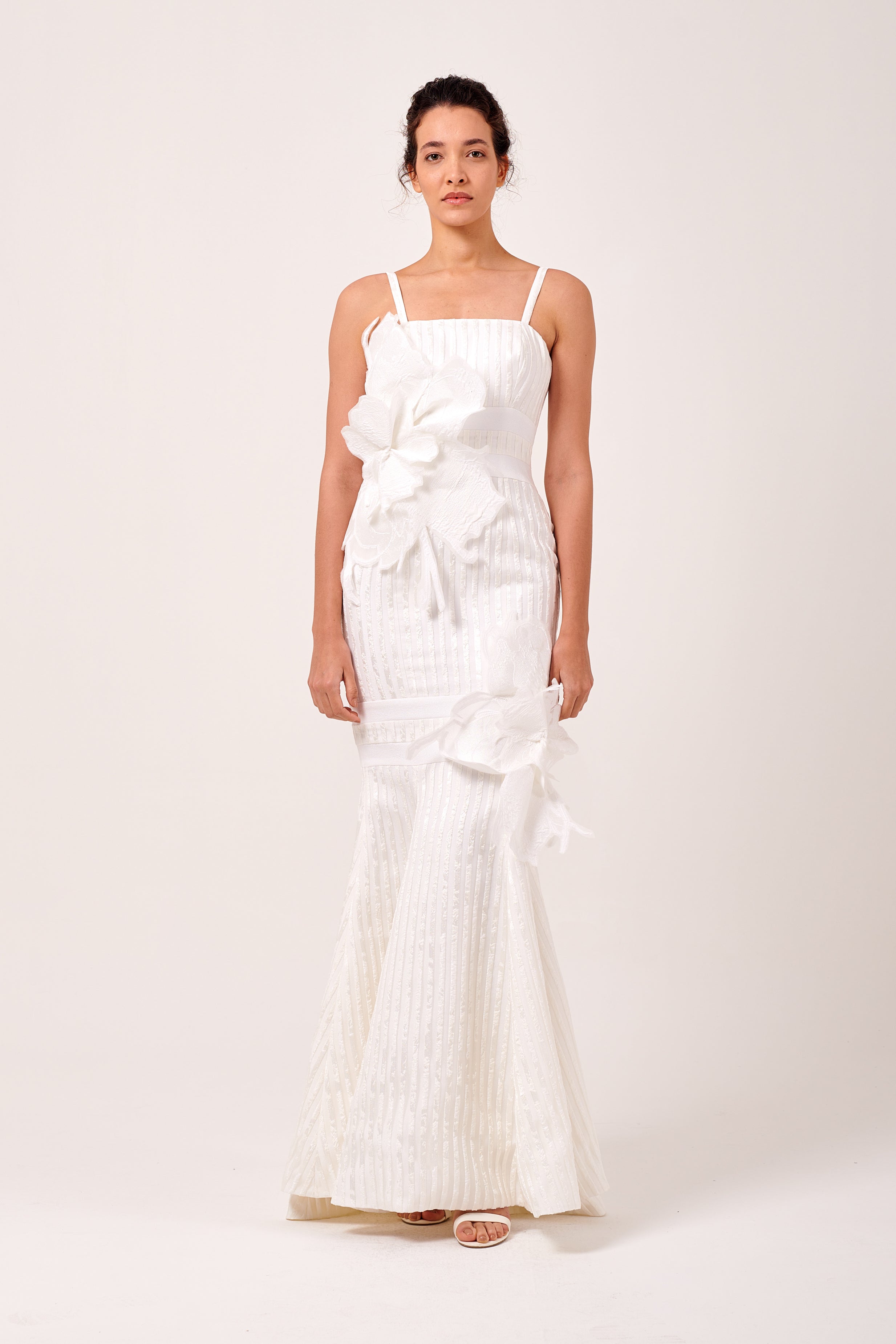 Square Neckline 3D Floral Appliqus Dress White Square Neckline 3D Floral Appliqus Dress White