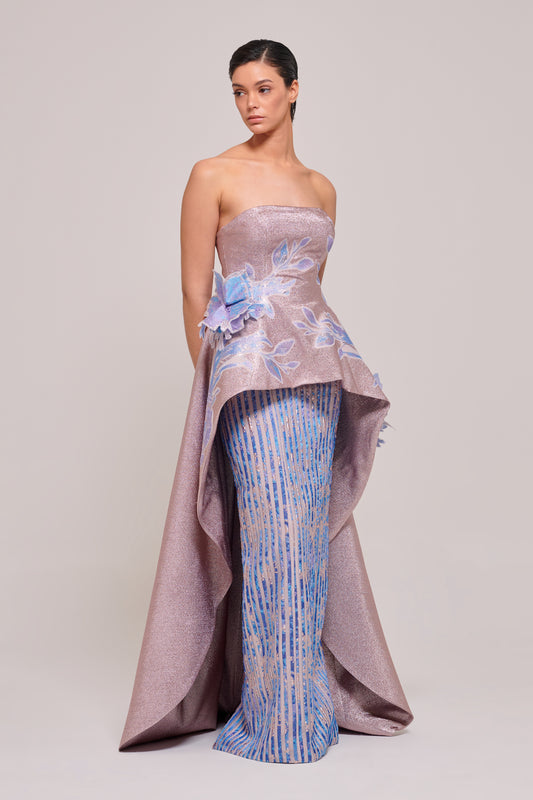 Strapless Two Tone Overlay Peplum Detail Long Dress