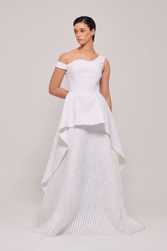 Asymmetric Neckline Detail Shimmering Jacquard Gown