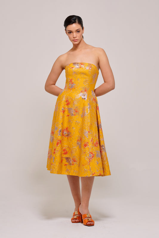 Midi Length Floral Mustard Dress
