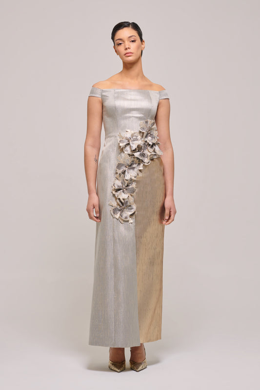 Off The Shoulder Three Dimensional Flower Appliqués Detail Column Dress