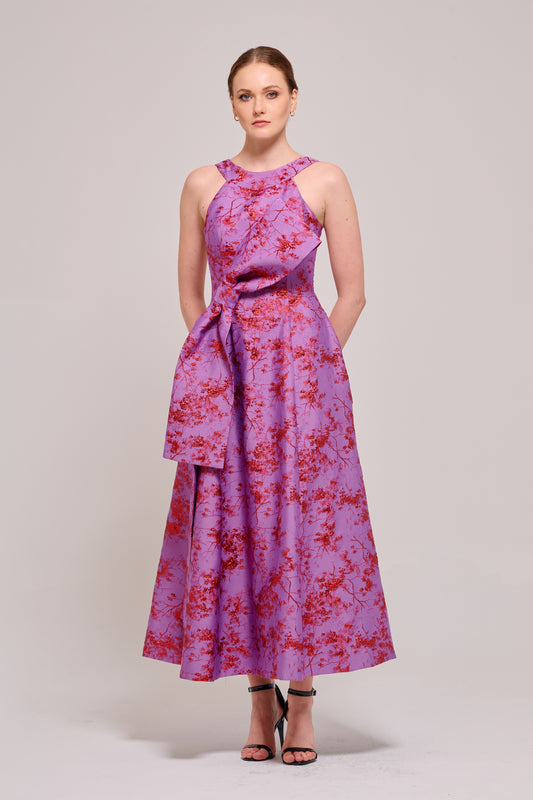 Halter Neck Oversized Bow Detail Ankle Length Floral Dress