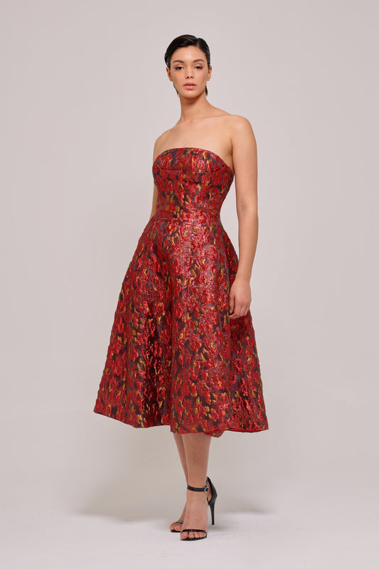 Strapless Floral Metallic Jacquard Midi Dresses