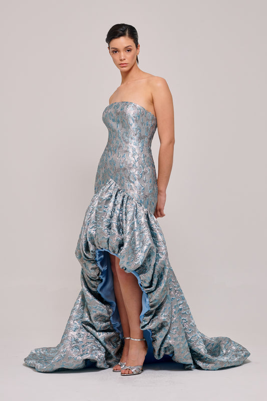 Strapless Bodice Asymmetric Balloon Hem Floral Jacquard Dress