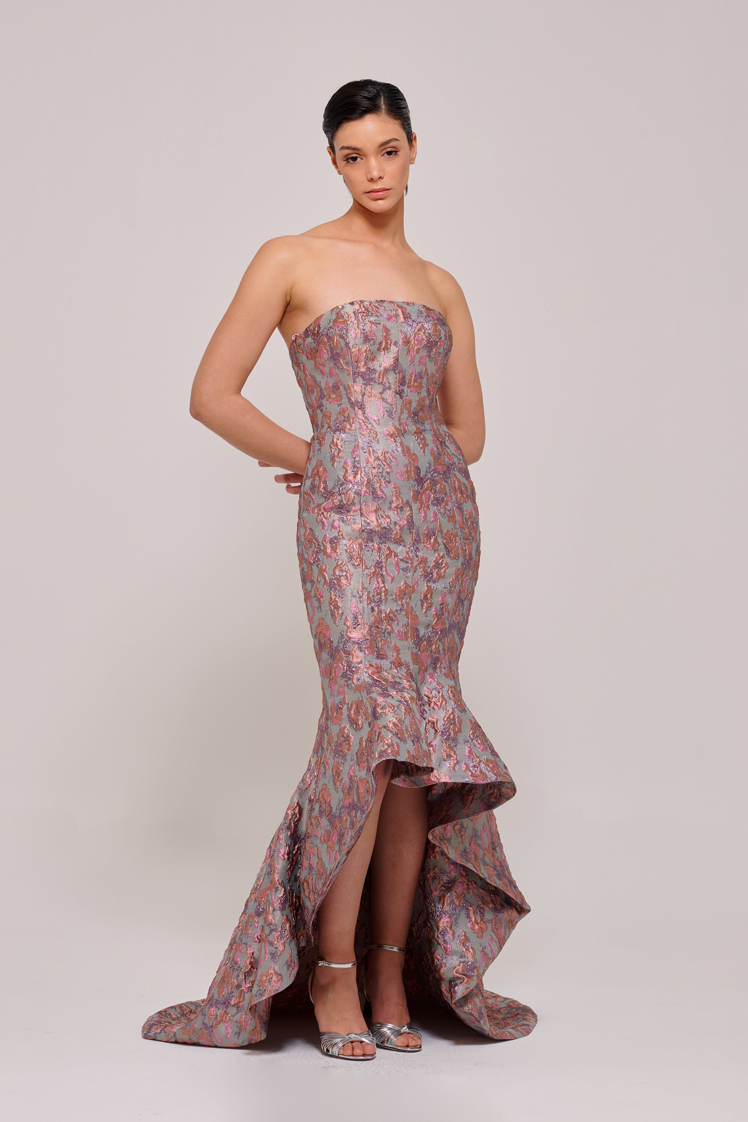 Strapless High-Low Fitted Metallic Jacquard Gown Blush Strapless High-Low Fitted Metallic Jacquard Gown Blush