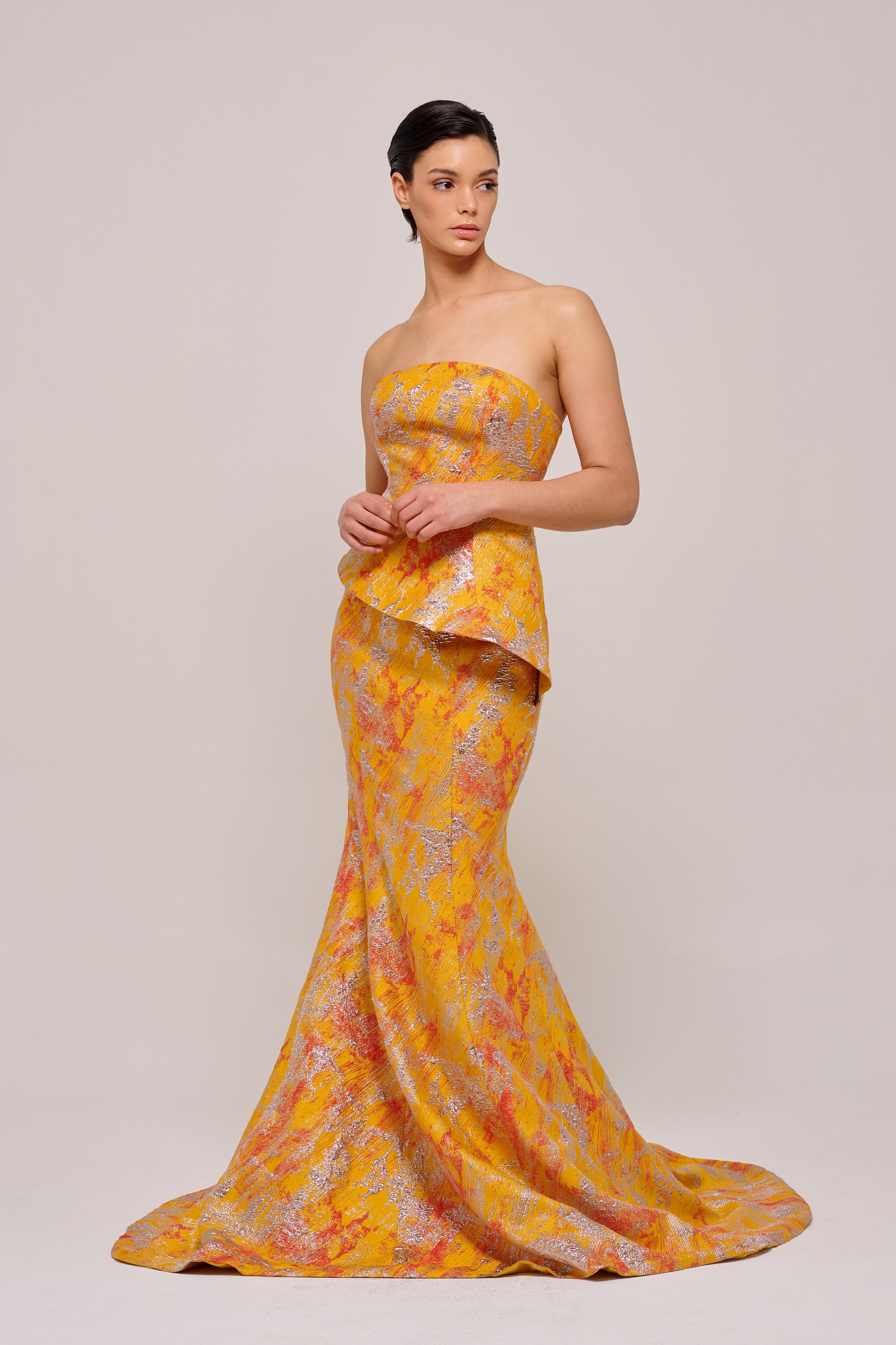Strapless Mustard Jacquard Long Mermaid Dress John Paul Ataker Strapless Mustard Jacquard Long Mermaid Dress John Paul Ataker