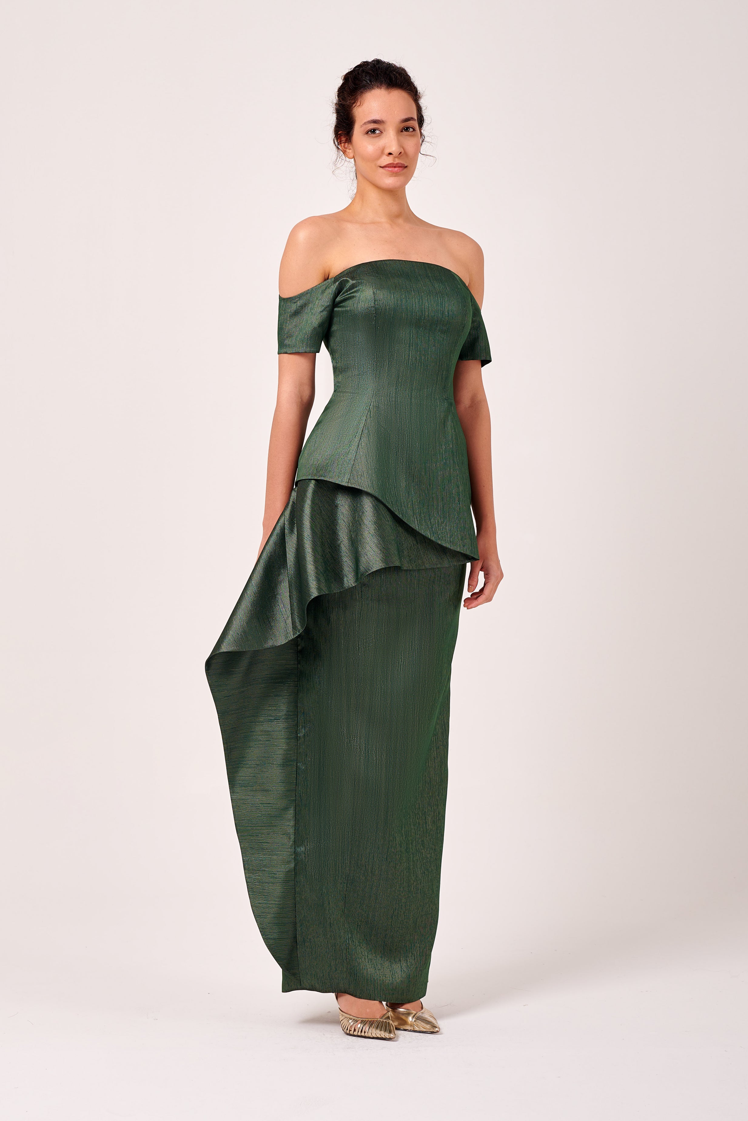 Layered Peplum Detail Off-The-Shoulder Long Dress – John Paul Ataker