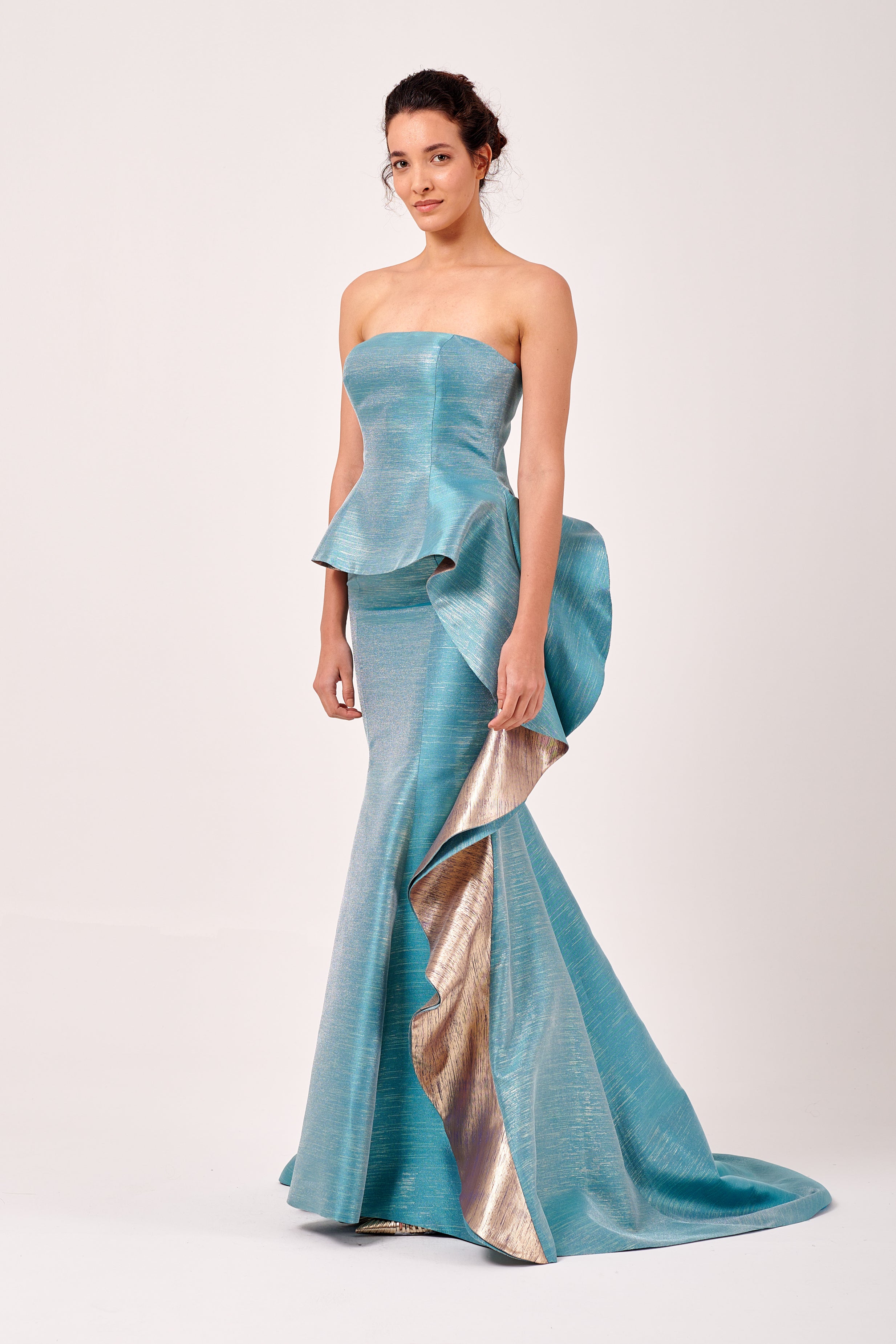Strapless Layered Peplum Detail Long Mermaid Gown Strapless Layered Peplum Detail Long Mermaid Gown