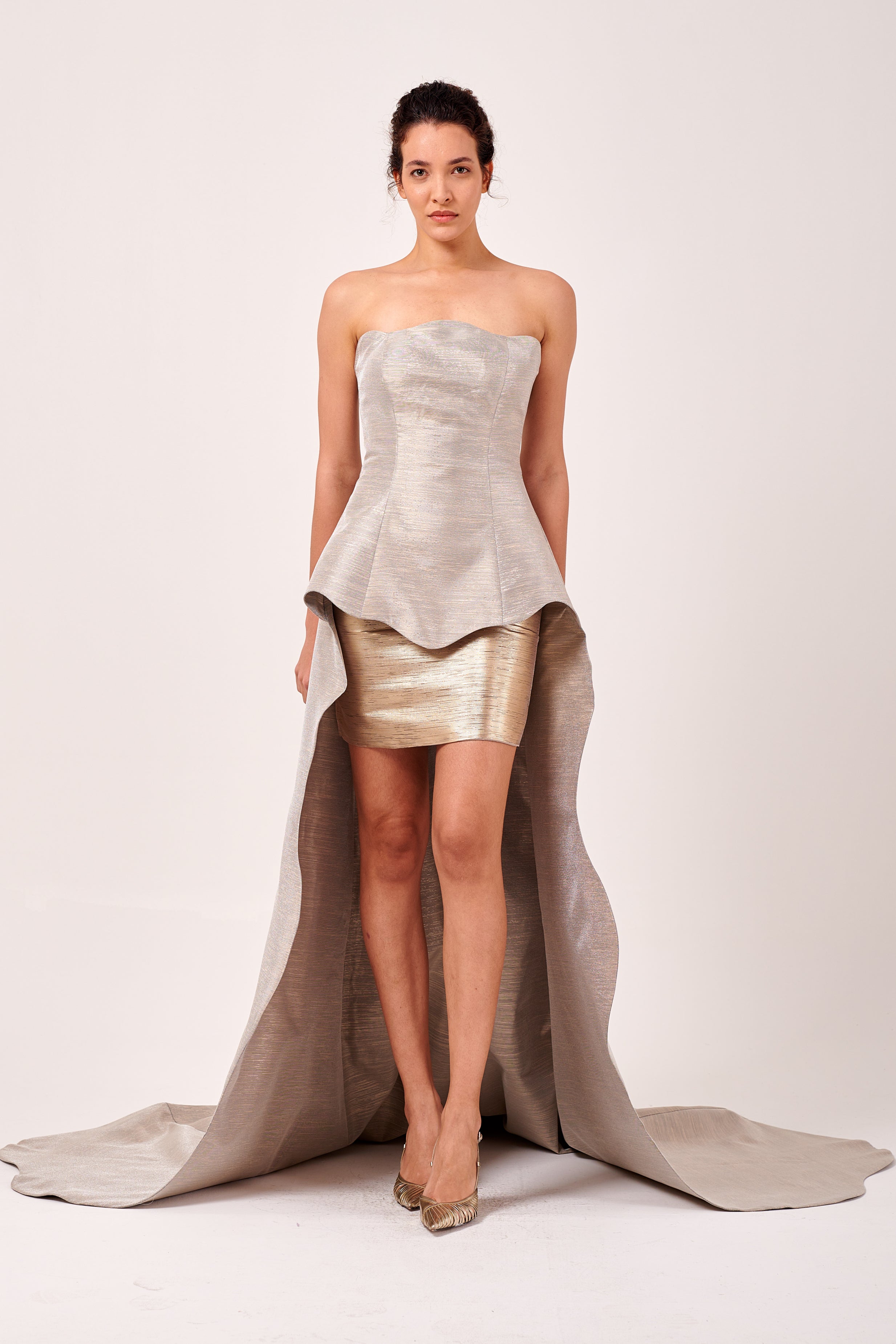 Two Tone Strapless Peplum Detail High-Low Dress – John Paul Ataker