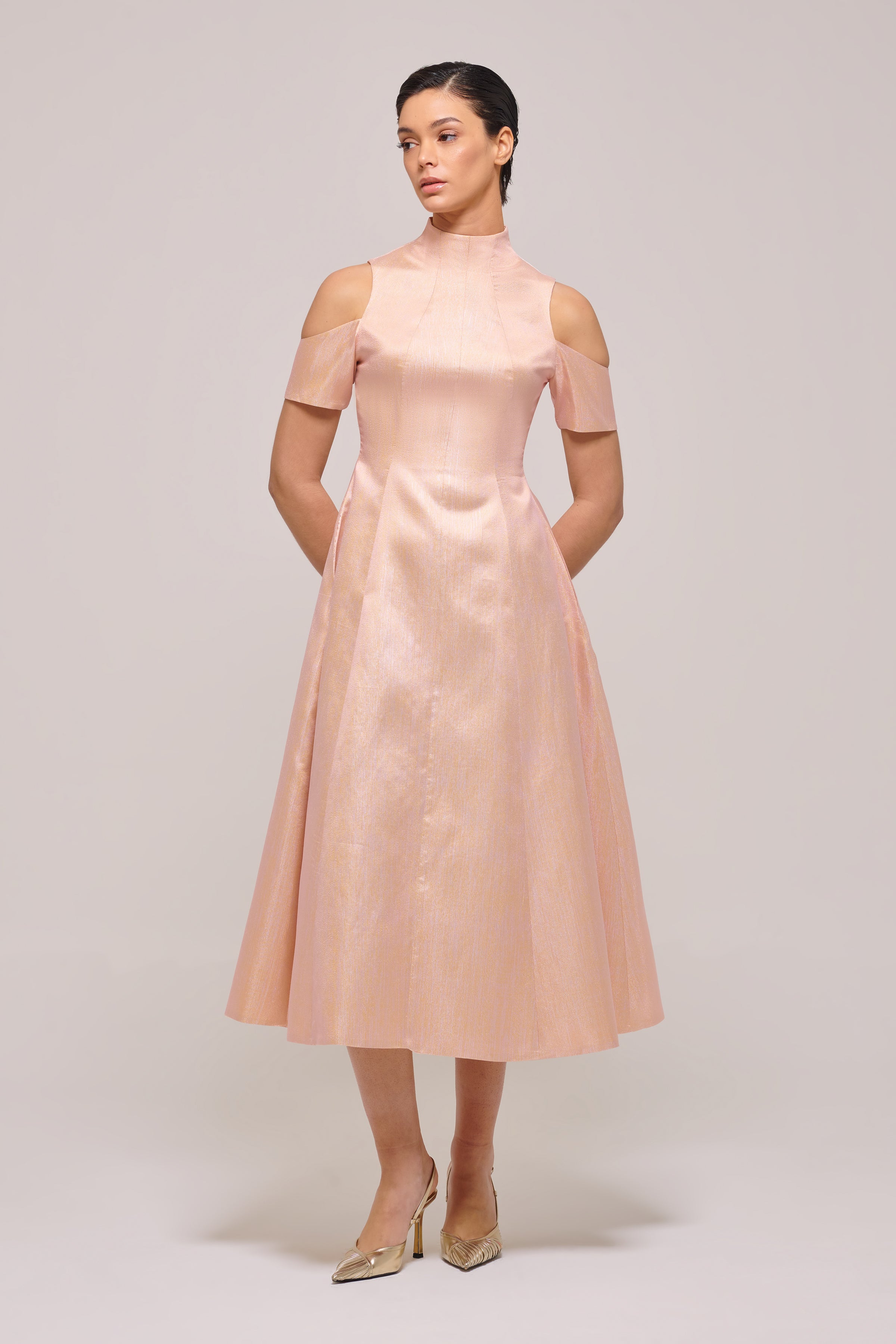 metallic cold shoulder dress Metallic Cold Shoulder A-line Slit Gown by Eureka 9800 XS / Peri Blue