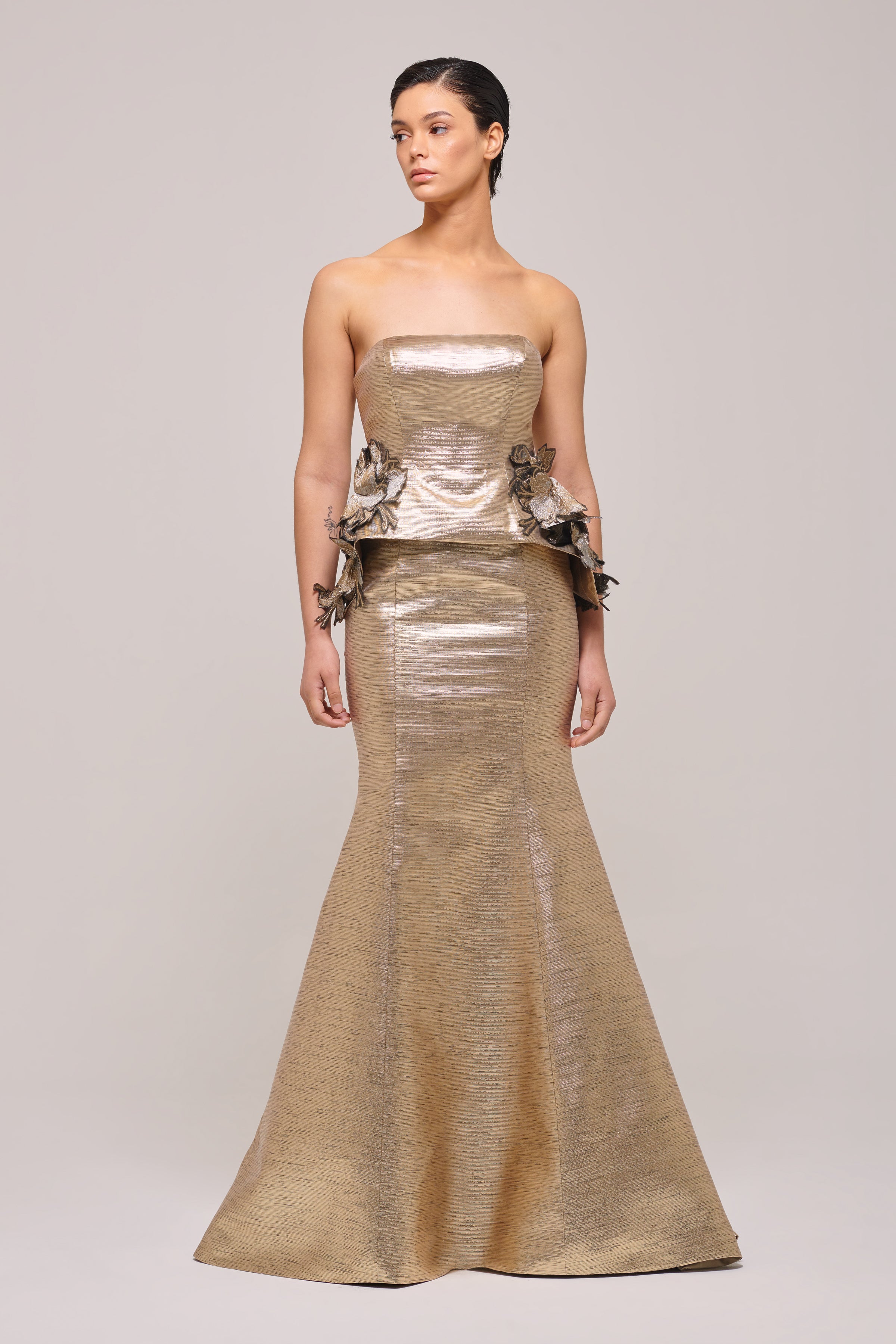 Floral Peplum Detail Metallic Gold Jacquard Mermaid Dress John Paul Ataker Floral Peplum Detail Metallic Gold Jacquard Mermaid Dress John Paul Ataker