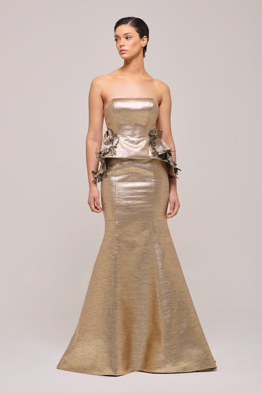 Floral Peplum Detail Metallic Gold Jacquard Mermaid Dress