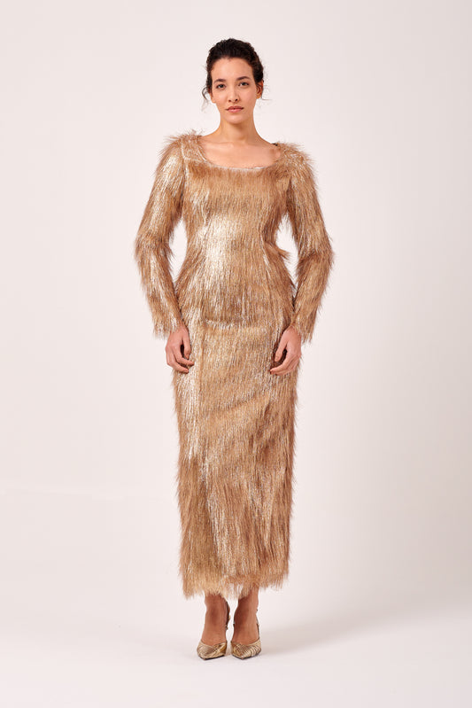 Long Sleeve Lurex Yarn Fringe Detail Column Dress