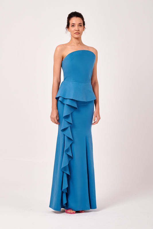 Fan Neckline Ruffled Detail Tencel Fabric Long Dress