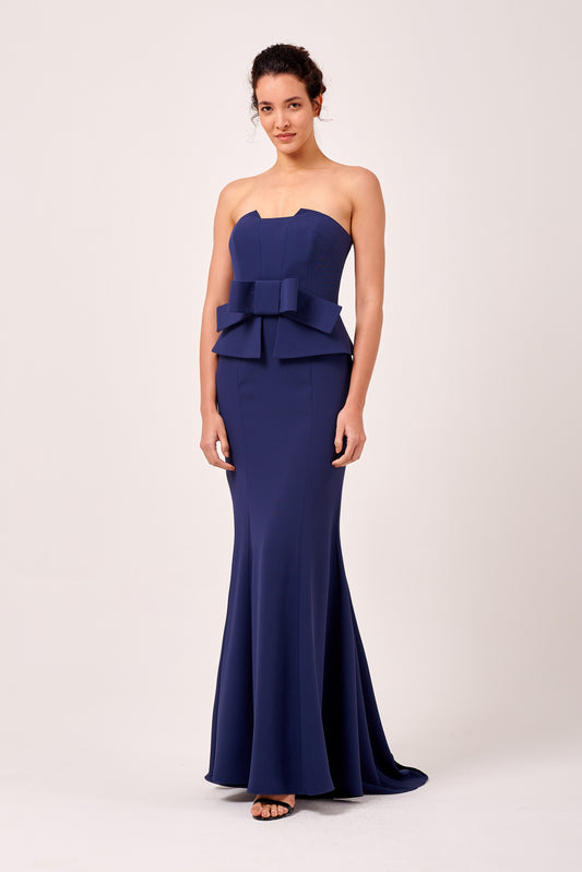 Strapless Bow Detail Belt Long Woven Gown