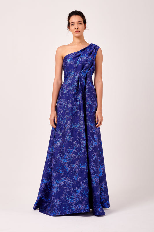 One Pleated Shoulder Neckline Floor-Length Jacquard Dress