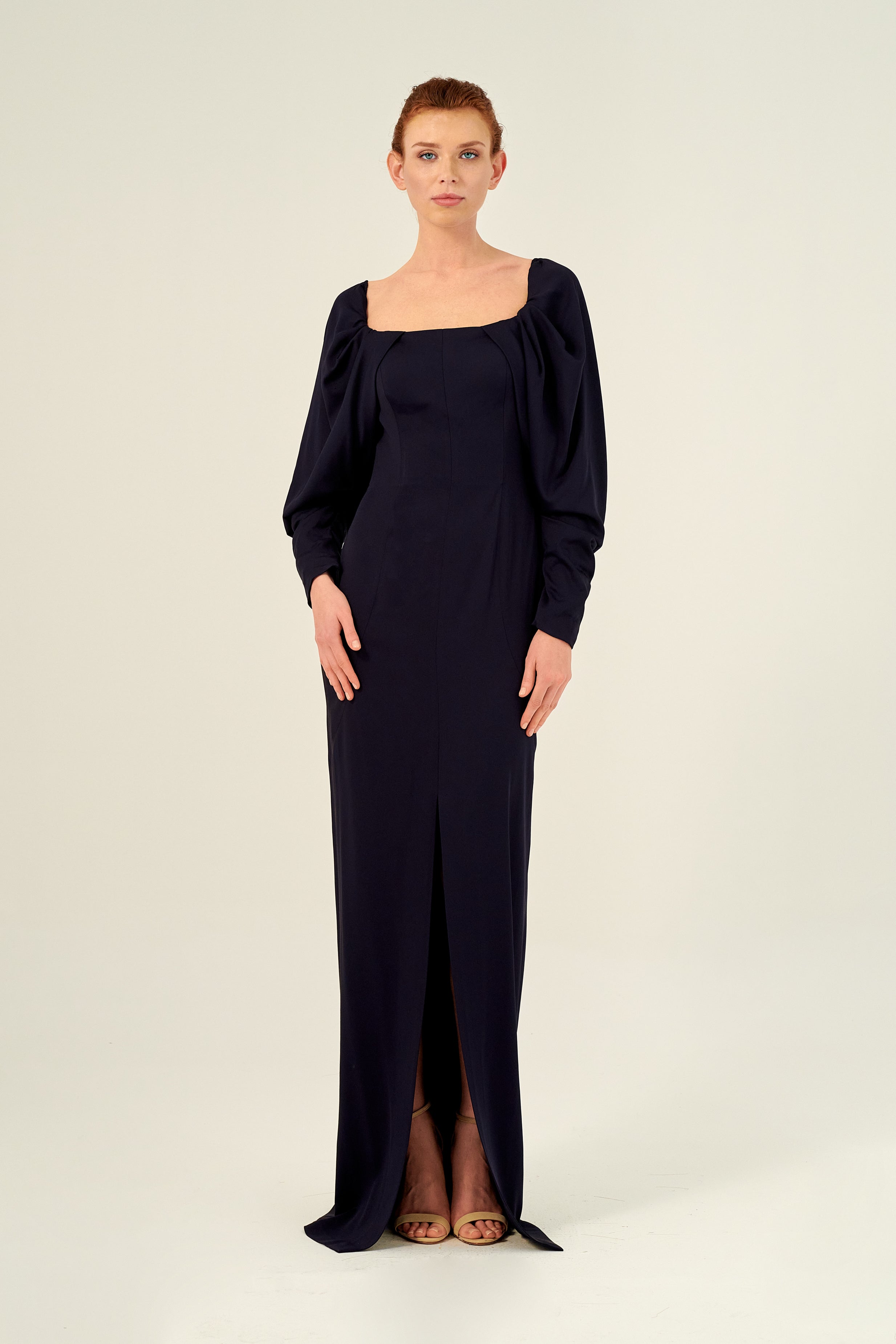 column dress long sleeve Long Sleeve Knit Crepe Mesh Illusion Column Dress In Black