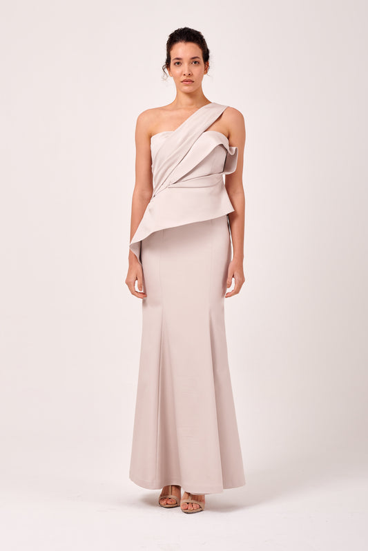 One Asymmetric Shoulder Peplum Detail Long Dress