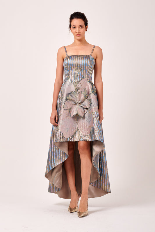 High-Low Floral Appliqués Brocade Ball Gown