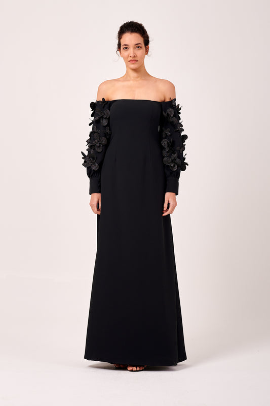 Floral Long Sleeve Off The Shoulder Neckline Maxi Gown