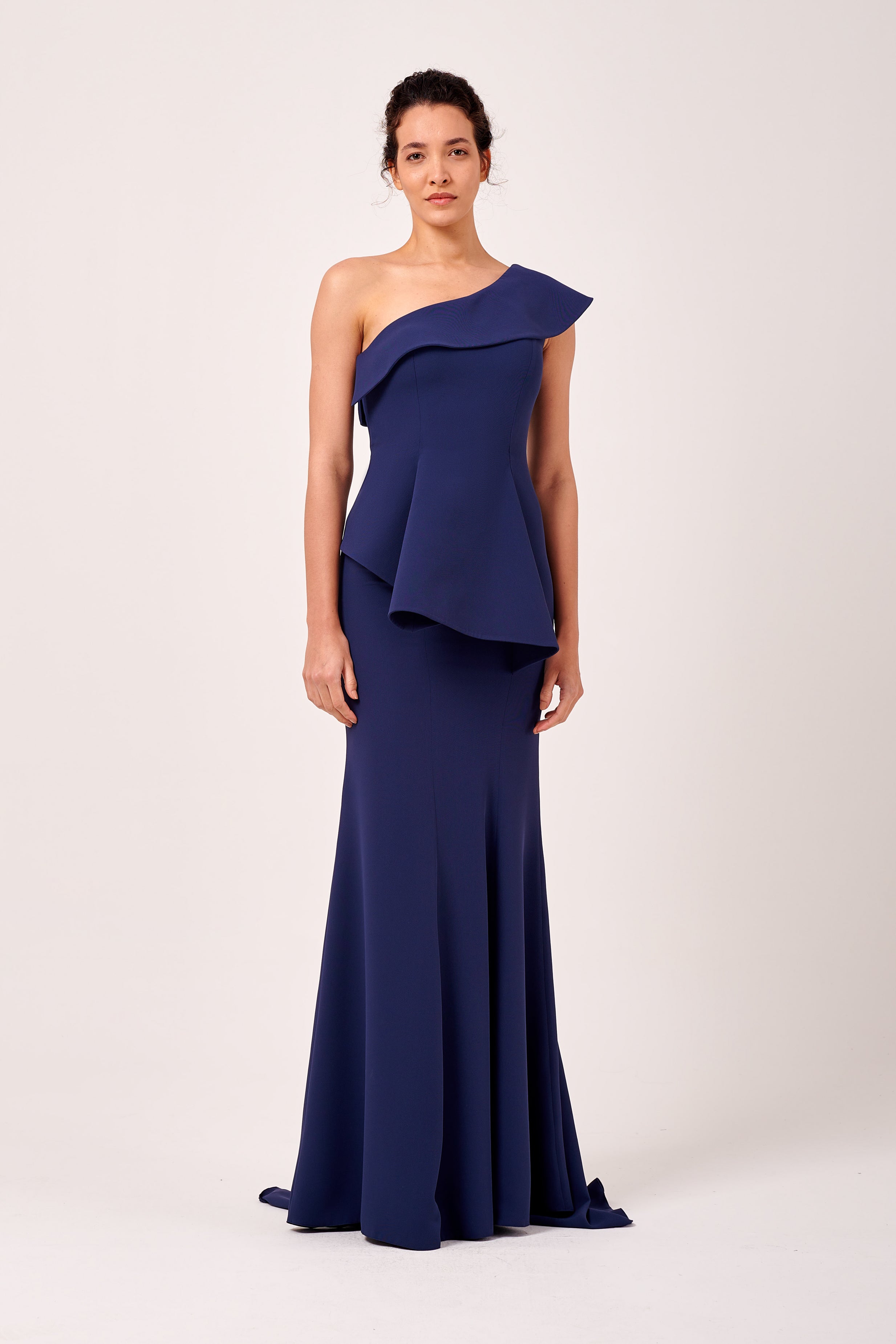 One Sleeve Asymmetric Peplum Detail Fit and Flare Long Dress One Sleeve Asymmetric Peplum Detail Fit and Flare Long Dress