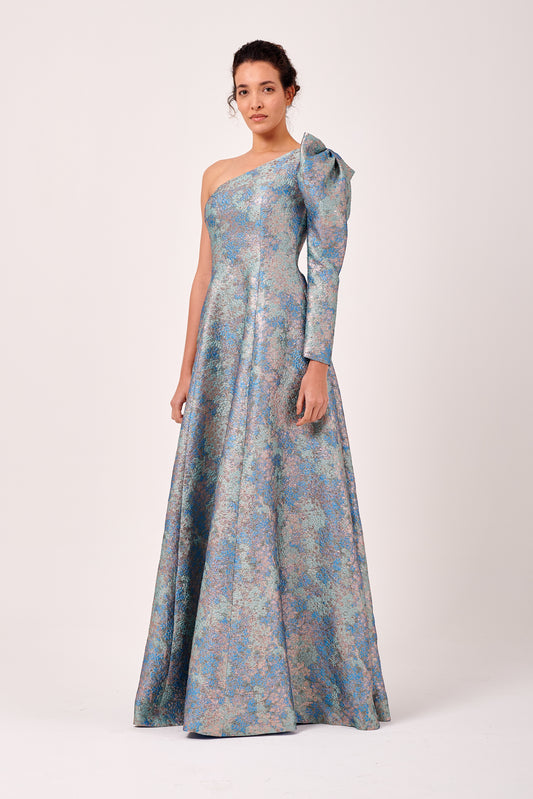 One Shoulder Blouson Sleeved A-Line Gown in Floral Jacquard