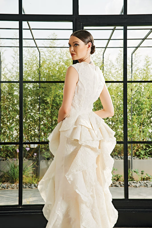 Ruffle Detailed Fil-Coupe and Soft Organza Long Dress