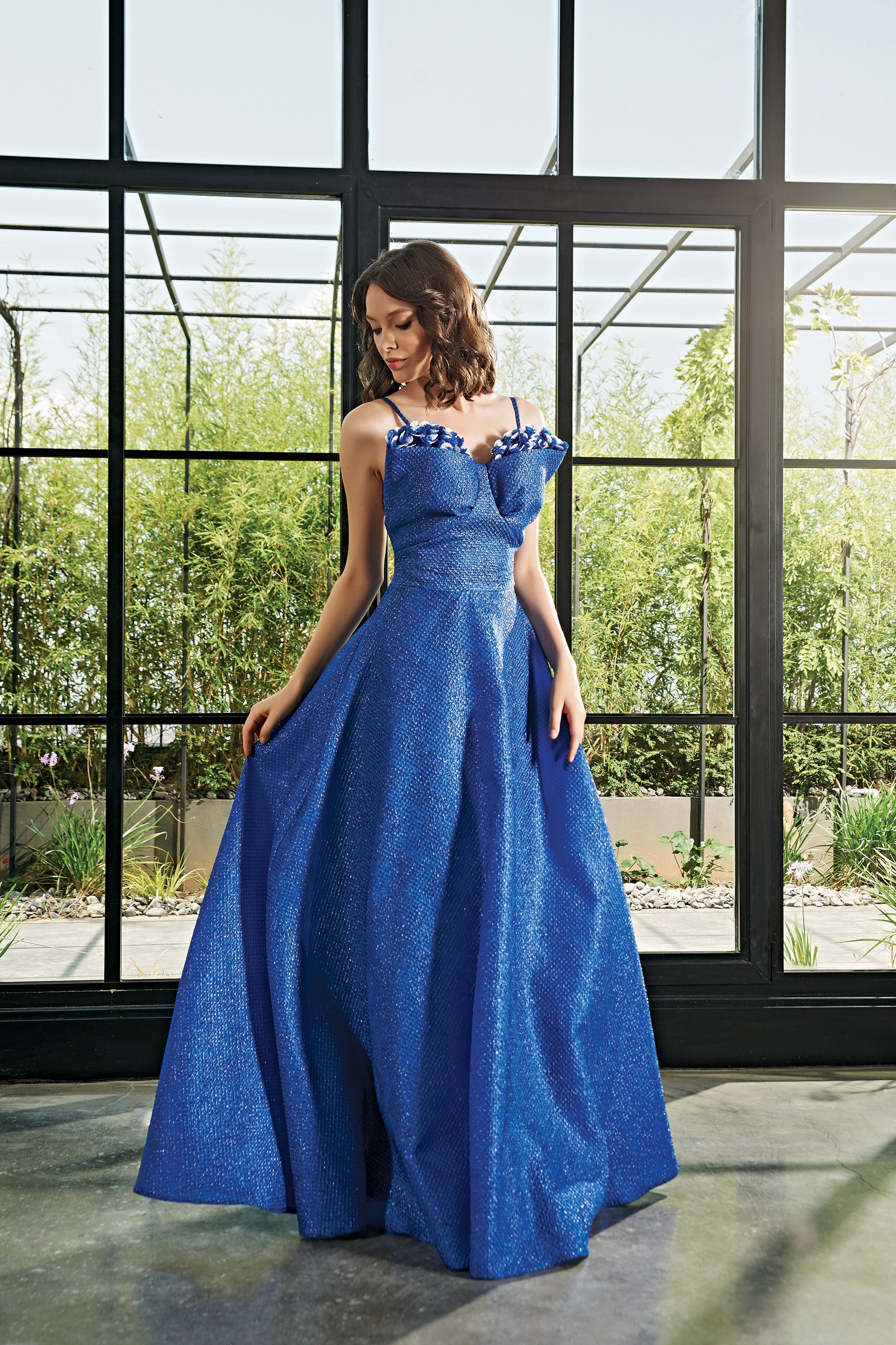 3D Flower Neckline Detailed Jacquard Long Dress John Paul Ataker