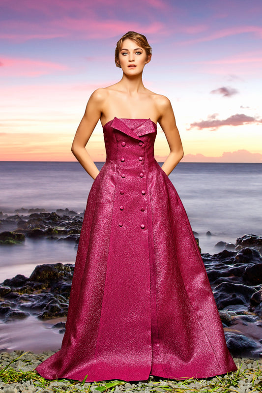 Double-Breast Metallic Crinkled Jacquard Gown