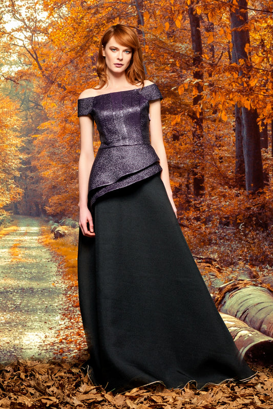 Peplum Metallic Crinkled Jacquard Top with Organza Skirt