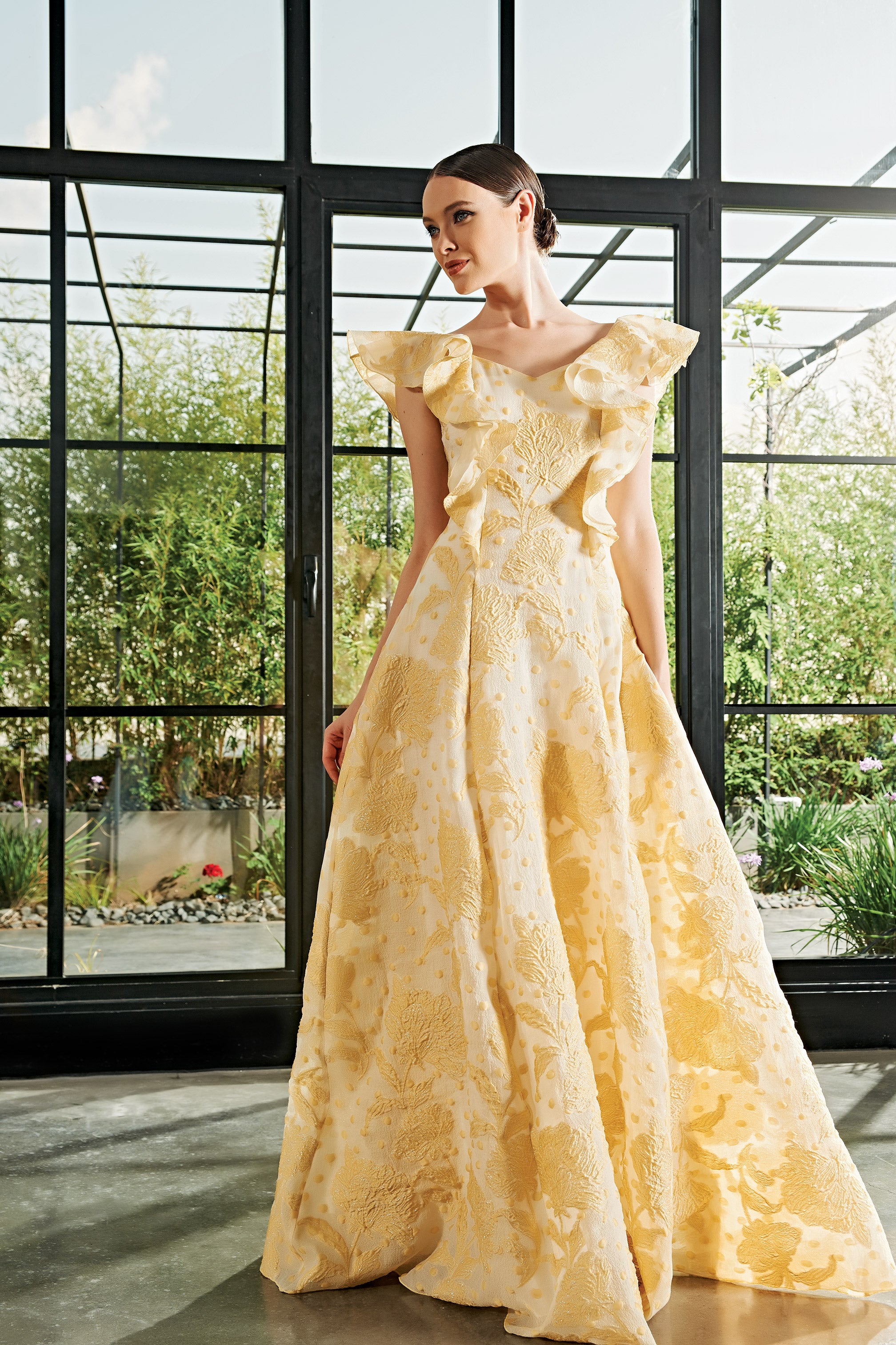 Ruffle Detailed Fil-Coupe and Soft Organza Long Dress GRAY