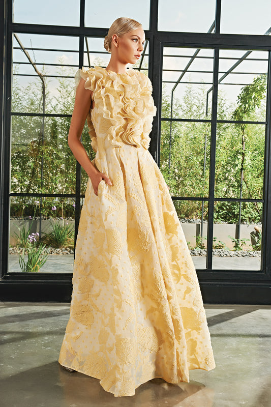 Ruffle Detailed Fil-Coupe and Soft Organza Long Dress