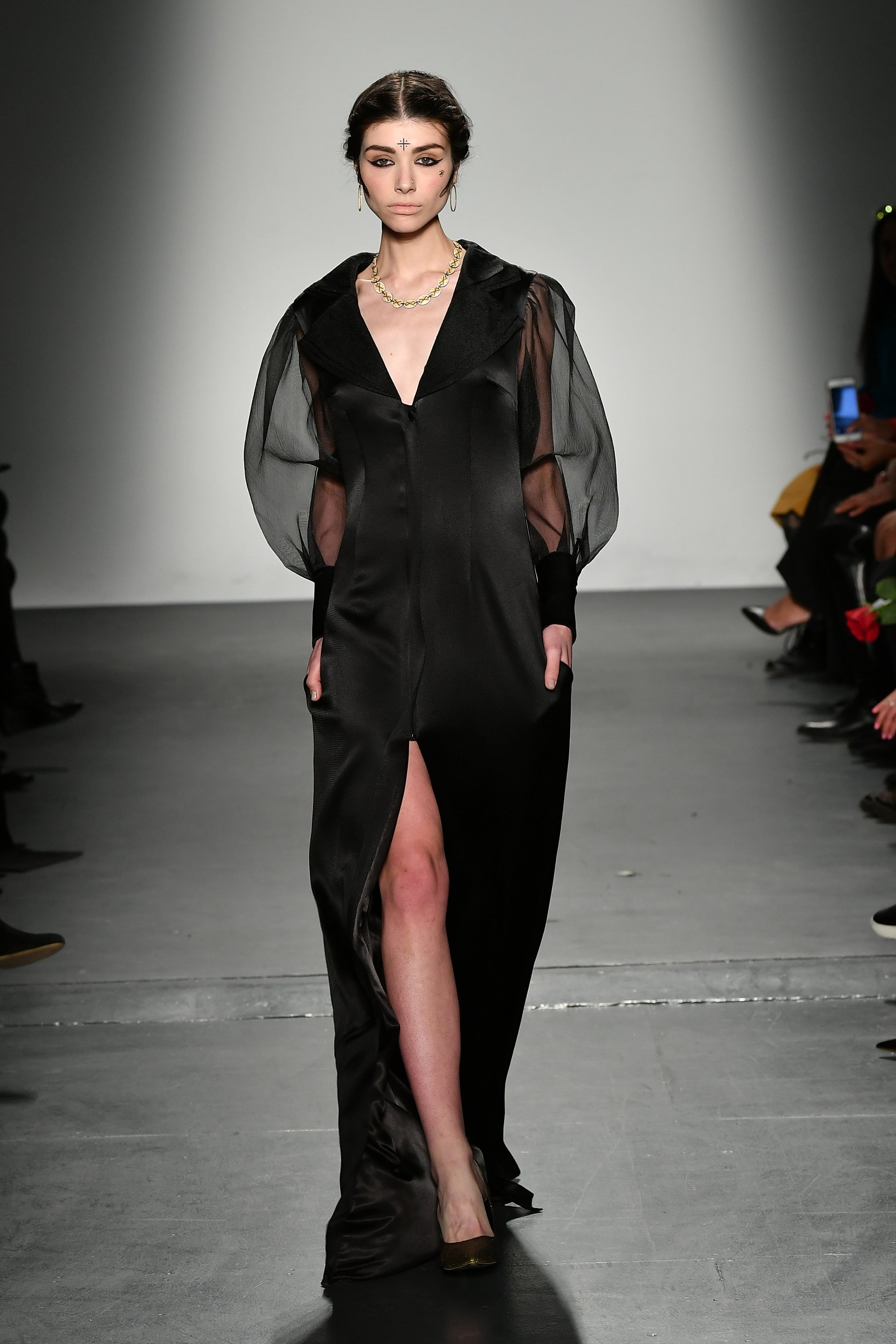 Stretch Satin Dress with Organza Puff Sleeves Stretch Satin Dress with Organza Puff Sleeves