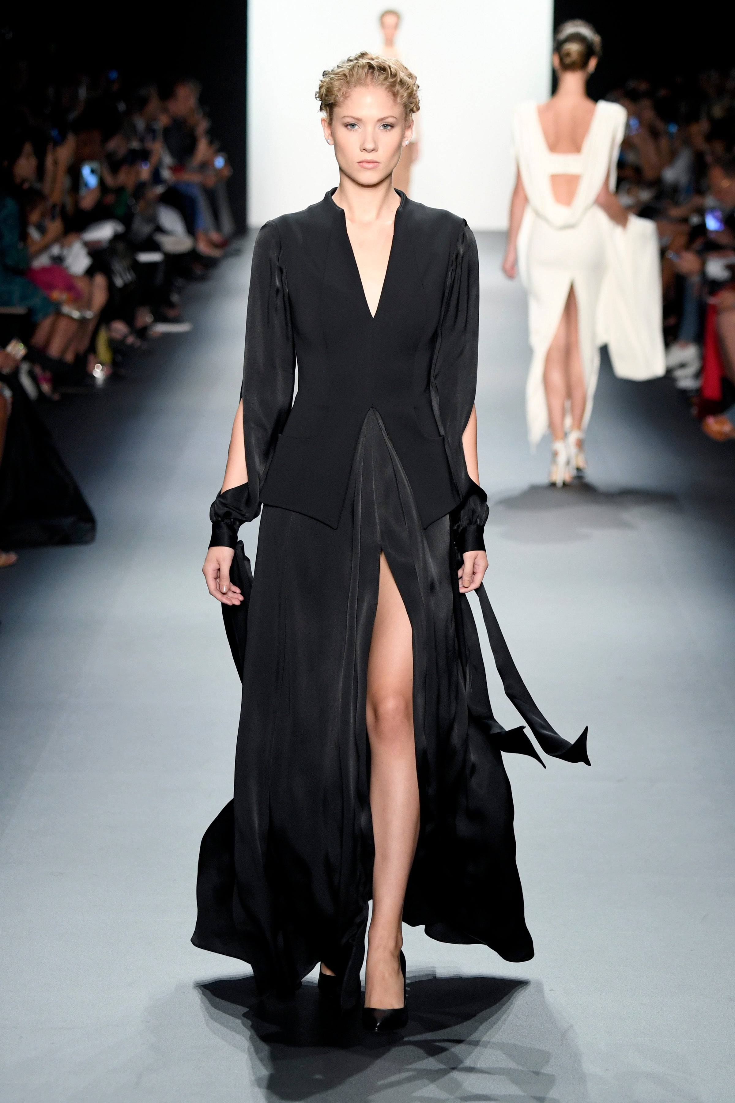 satin dress runway Mousseline Satin Embroidered Dress Saiid Kobeisy