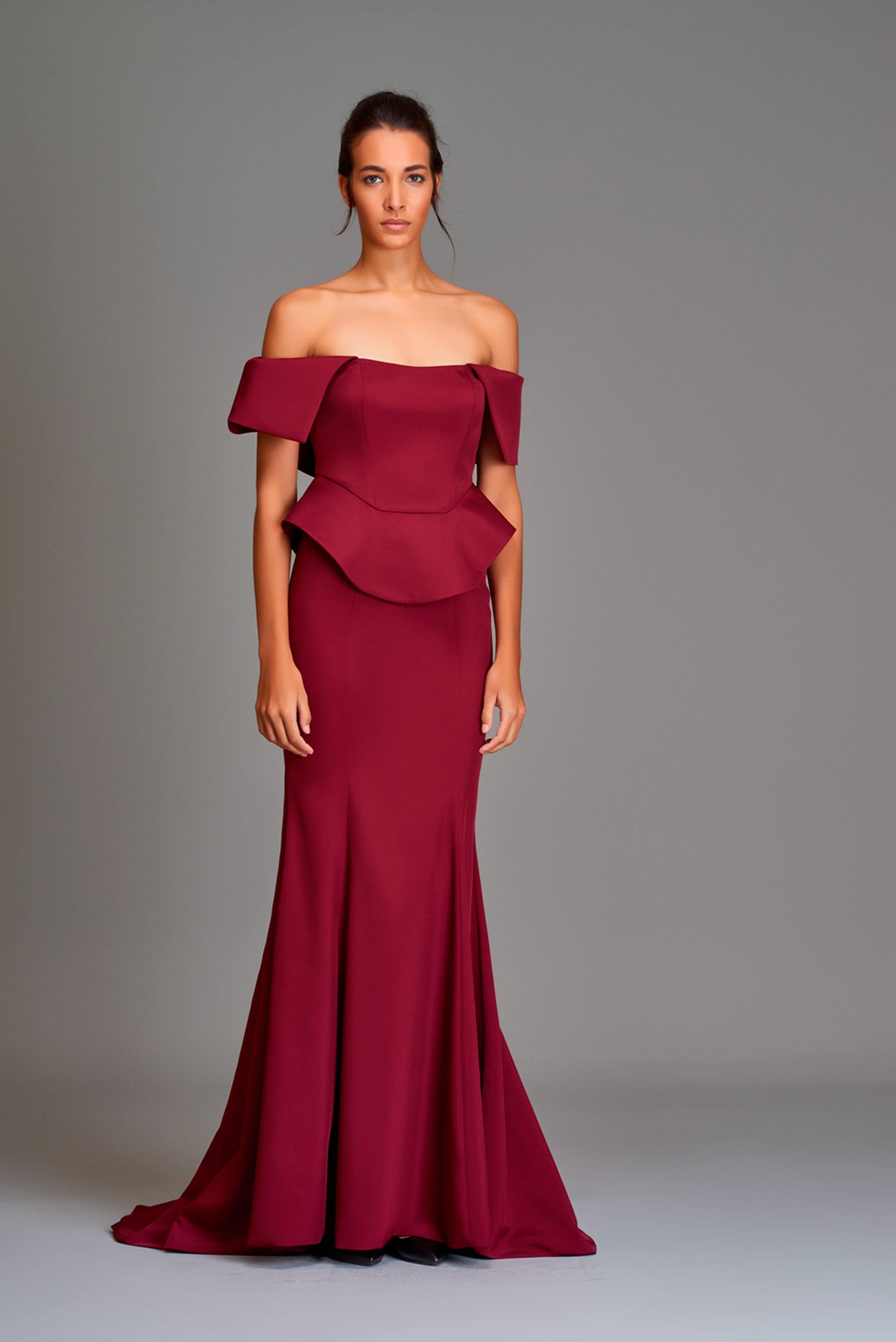 Off shoulder, scoop peplum mermaid gown - John Paul Ataker