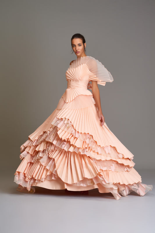 Pleated taffeta and fil-coupe organza layered gown
