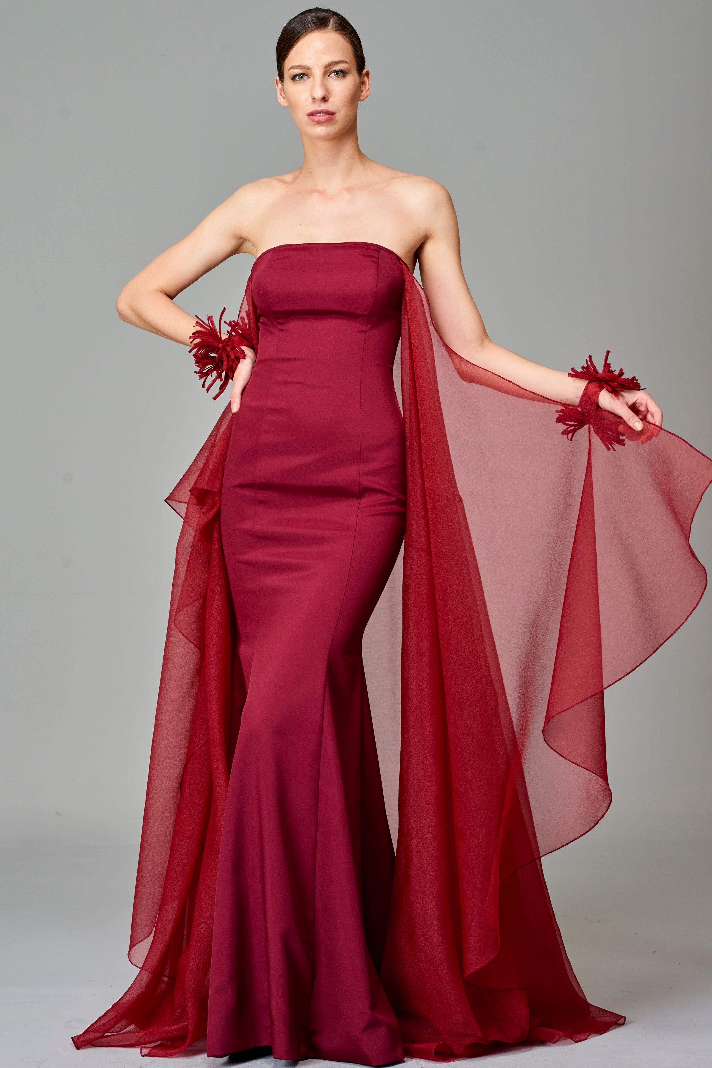 Strapless Dress with Organza Sleeves Blush Strapless Dress with Organza Sleeves Blush