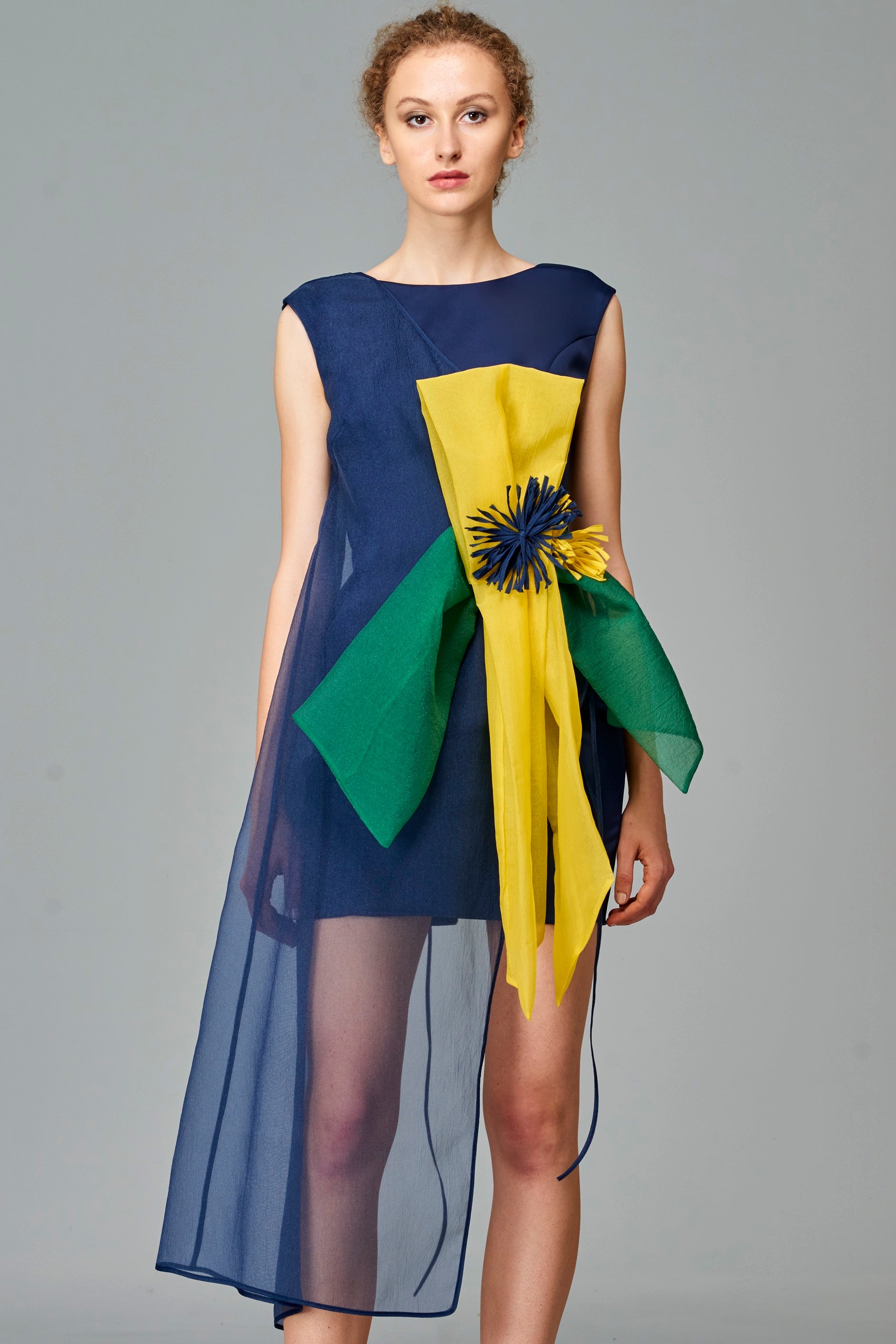 blue and yellow color block dress Colorblock Ruffle Midi Dress -82146 YELLOW/NAVY / S