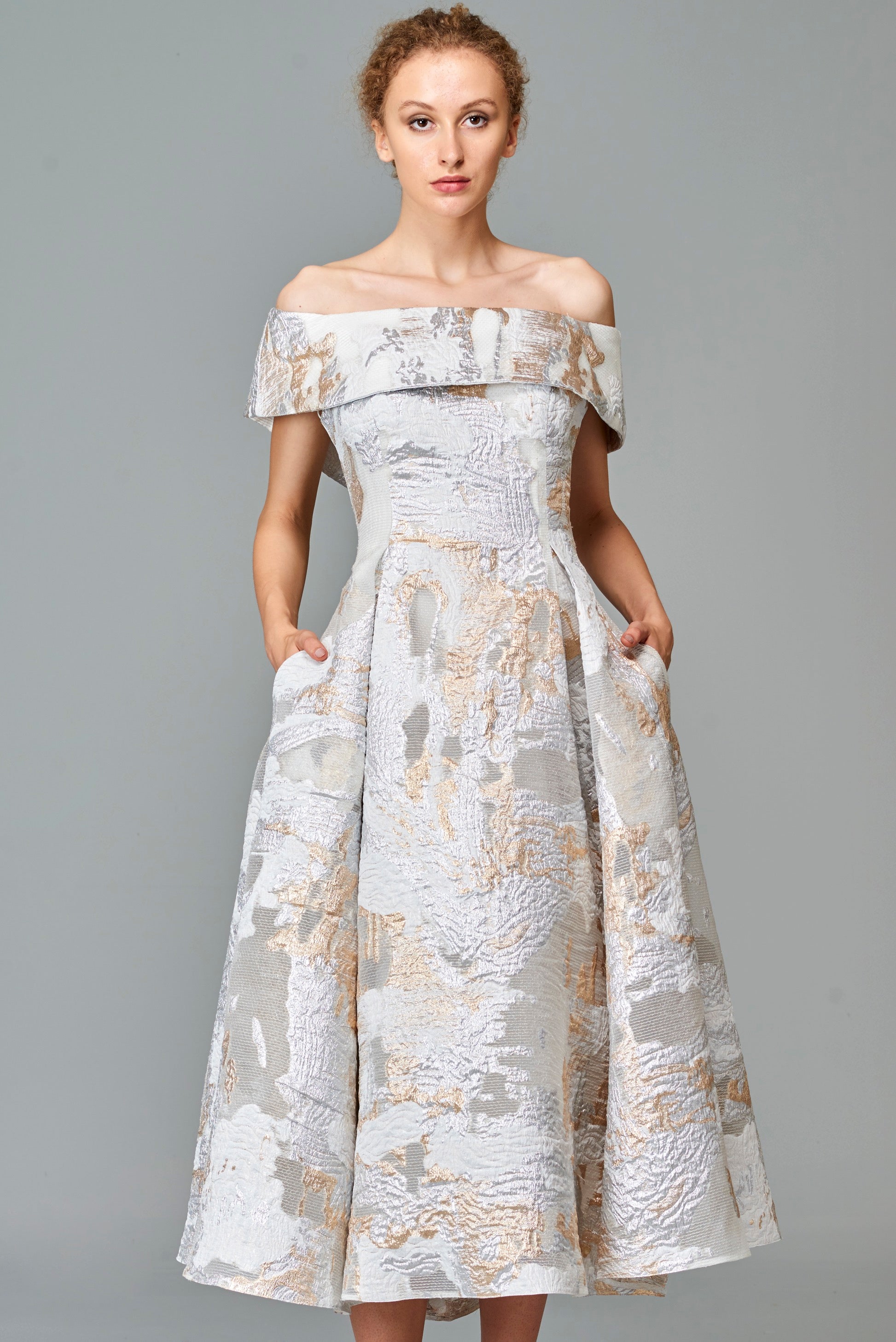 Off-Shoulder Pleated Fil-Coupe Midi Dress John Paul Ataker Off-Shoulder Pleated Fil-Coupe Midi Dress John Paul Ataker
