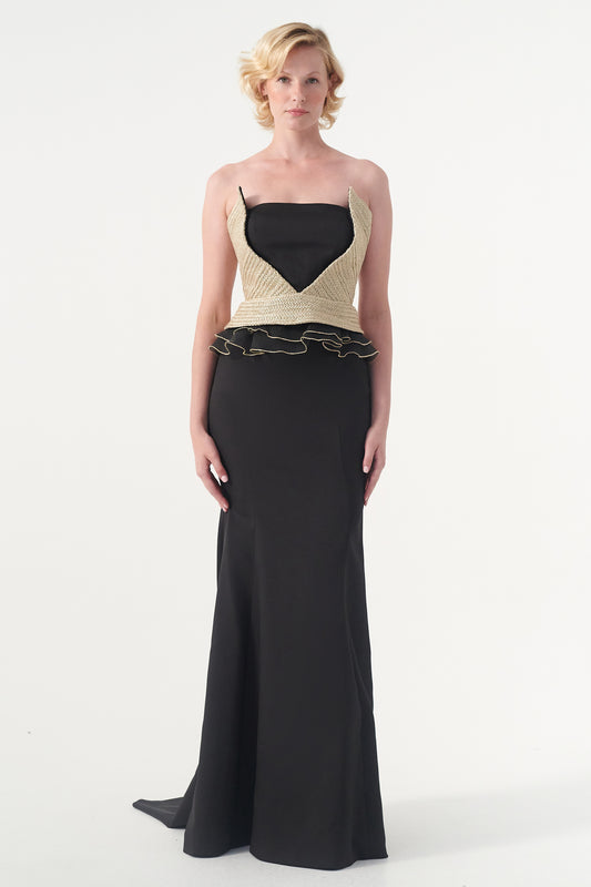 Metallic Band Peplum Faille and Organza Long Dress