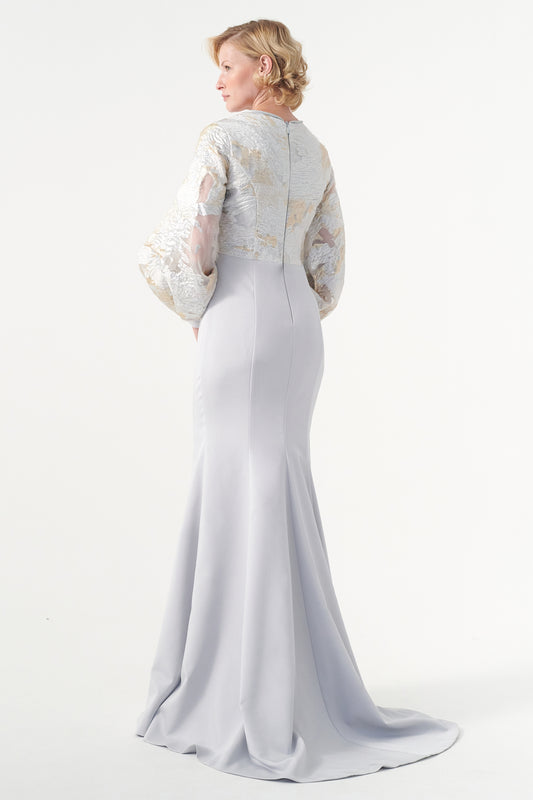 Jacquard Puff Sleeve Faille Mermaid Dress