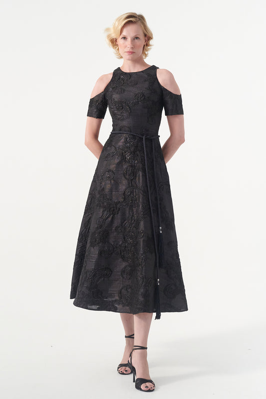 Cord Sleeves Jacquard Dress