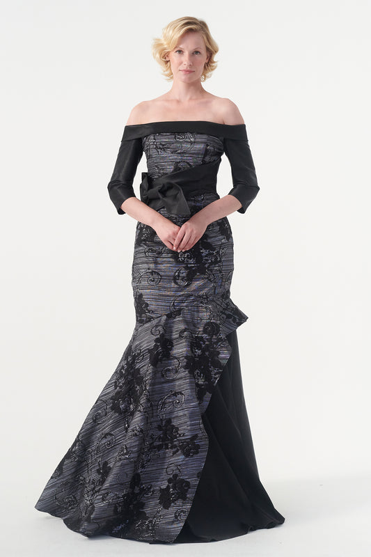 Bow Detailed Peplum Jacquard Mermaid Dress