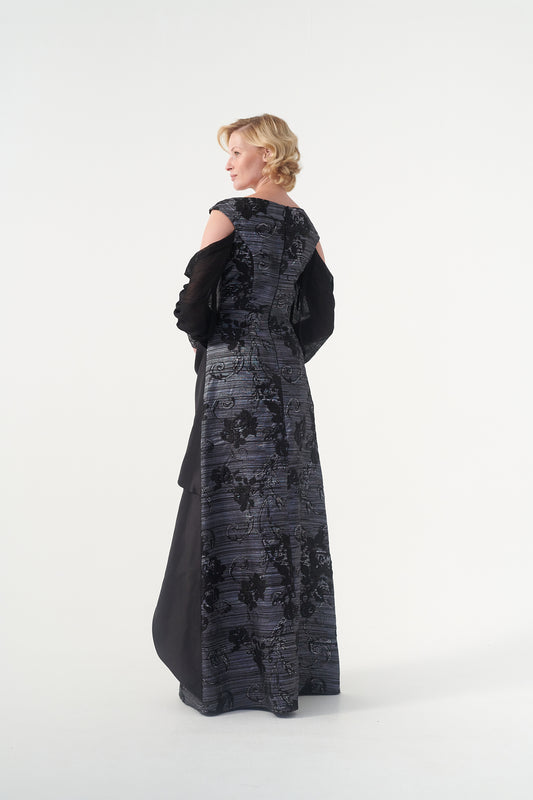 Bow Detail Jacquard And Mesh Gown