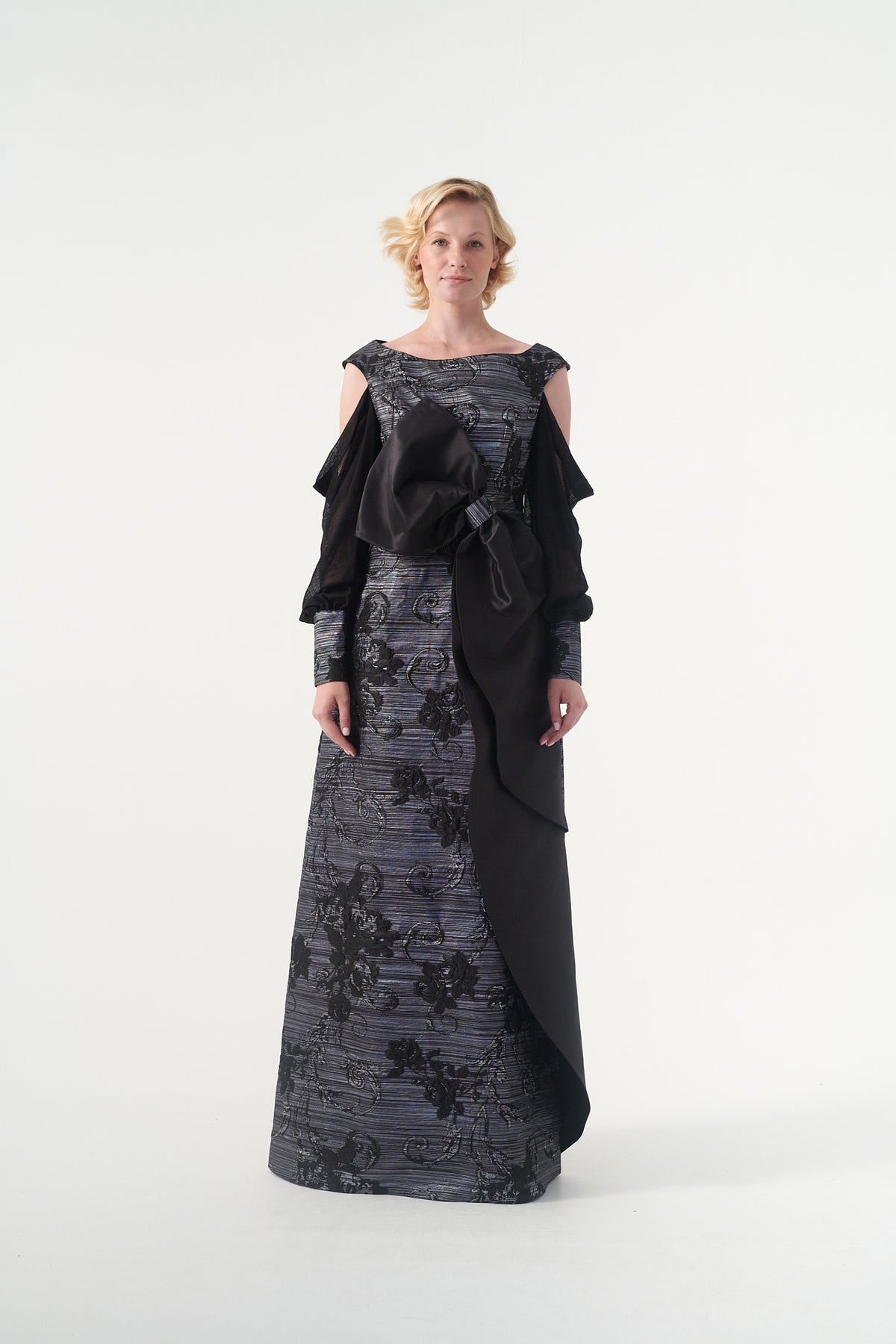 Bow Detail Jacquard And Mesh Gown